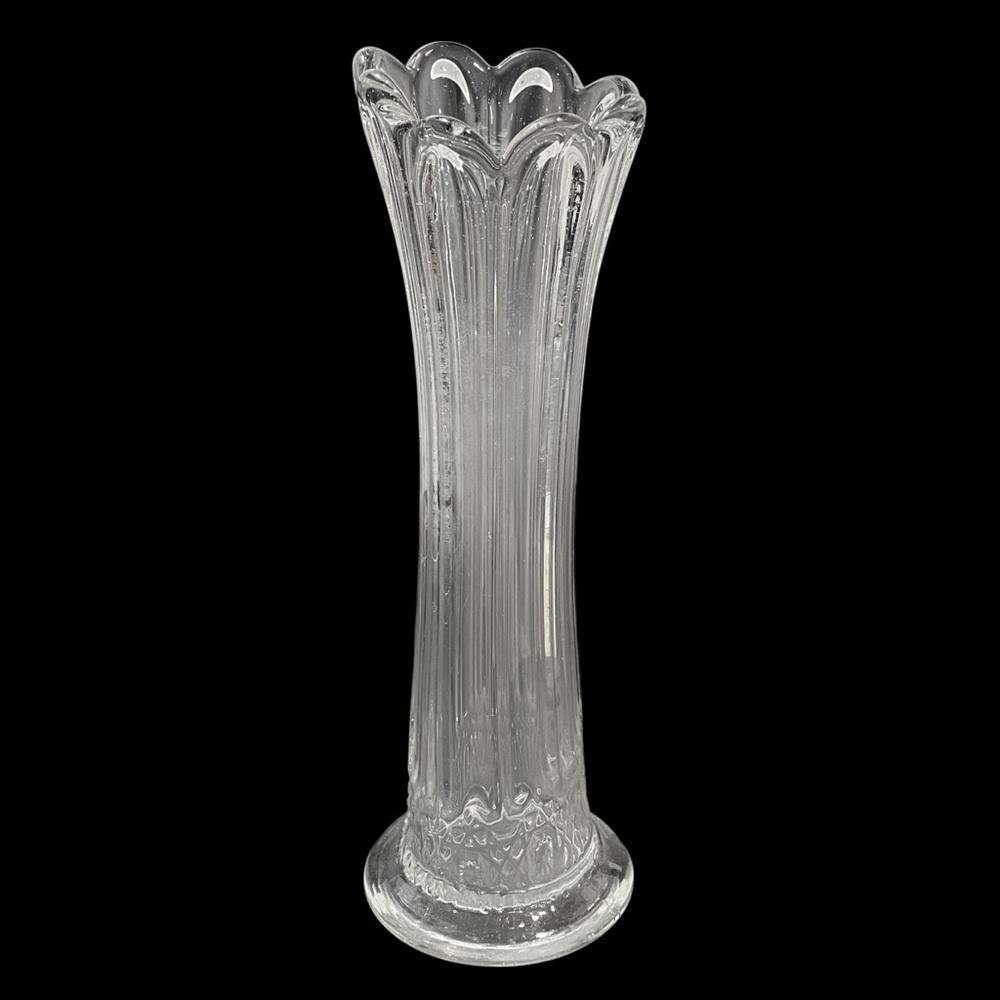 Antique 1880s Bryce Higbee Vase Cut Log Ethol Swung Stretched Glass Scalloped
